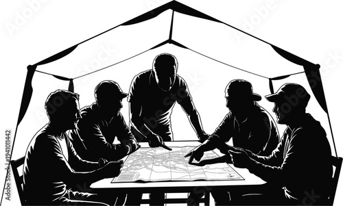 Silhouetted group of men gathered under a tent, intently studying a large map spread on a table, planning an expedition