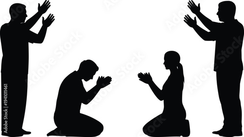 Silhouettes of four individuals in a spiritual or religious setting with two kneeling in prayer and two standing with hands raised in devotion against a clean white backdrop