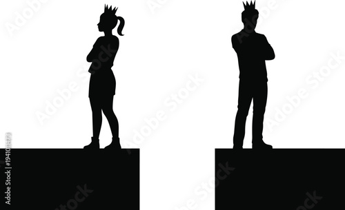 Two silhouetted figures wearing crowns stand on separate platforms, facing away from each other, symbolizing division or opposition