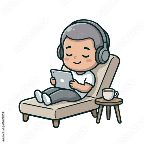 Man Relaxing With Tablet and Headphones