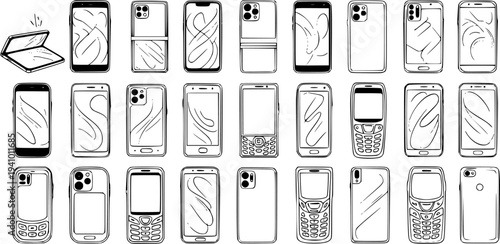 Detailed hand-drawn outline illustrations of diverse mobile phones, from classic flip phones to modern smartphones, on a white background.