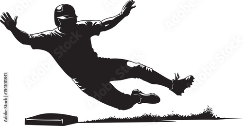 Baseball player jumping over base in mid air motion