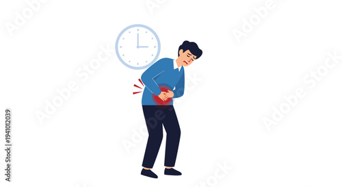 A man wearing a blue sweater and black trousers is hunched over while holding his stomach with red pain indicators on his back and a clock.