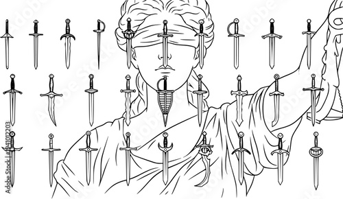 Blindfolded Lady Justice surrounded by numerous swords, a symbolic black and white line art illustration representing law, truth, justice, power, and the complexities of judgment.