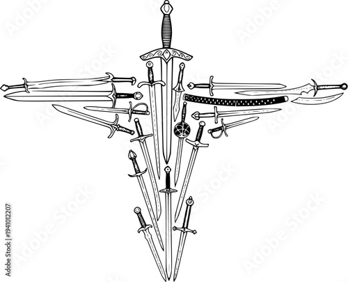Detailed black and white line art illustration of a diverse collection of historical and fantasy swords and daggers arranged in a cross shape, symbolizing strength and medieval warfare.