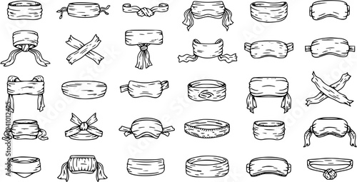 Detailed Vector Set of Various Blindfold and Headband Styles, Hand-Drawn Fabric Wraps, Ribbons, and Fashion Accessory Knots