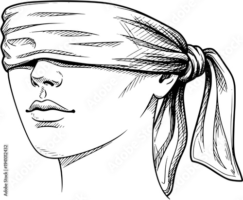 Detailed black and white hand-drawn line art of a person wearing a blindfold, tied at the back, symbolizing concepts of justice, ignorance, or secrecy.