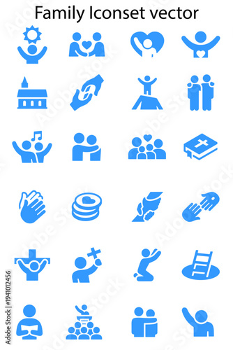 Christian Worship Icons Set Family Faith Church Prayer Vector Collection