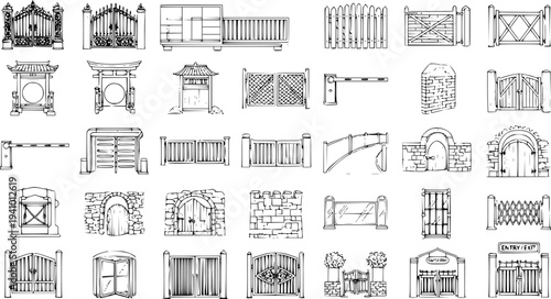 Hand-drawn sketch collection of various gates and fences, including modern, traditional, Asian, and security designs for architecture and landscaping.