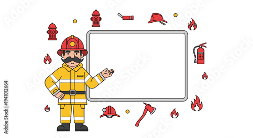 A firefighter in a yellow suit gestures toward a blank white board surrounded by floating fire safety icons.
