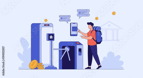 Contactless payment at turnstile with smartphone, travel and banking concept