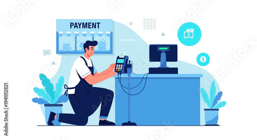 Cashier using payment terminal at counter, contactless payment, retail store transaction