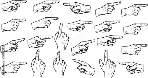 Collection of diverse hand gestures, featuring various pointing directions with index fingers and offensive middle finger signs, in black and white line art illustration style.