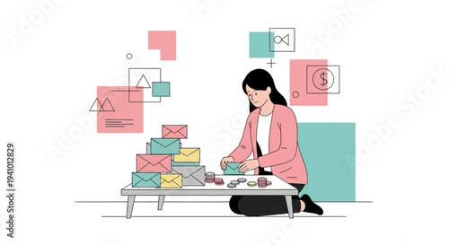 Creative Woman Organizing Colorful Envelopes and Geometric Shapes, Abstract Background