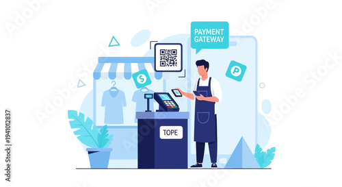 Customer pays using QR code at checkout counter with payment gateway and POS terminal