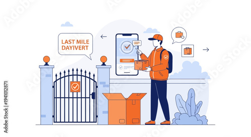 Delivery man with package and smartphone app at gate, last mile delivery concept