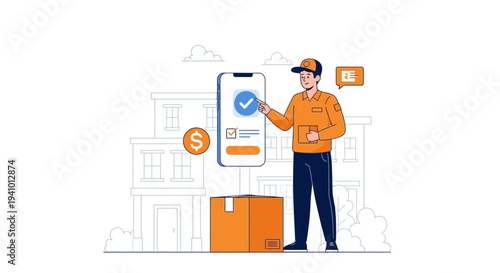 Delivery man with smartphone and package, online order tracking and confirmation