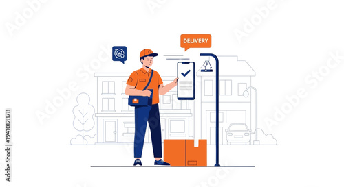 Delivery man with package and smartphone, online order tracking, express courier service concept