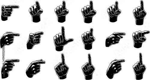 Vector set of black and white graphic hand gestures: pointing left, right, up, and showing the number one. Isolated vintage style illustrations for navigation, indication, or counting designs.