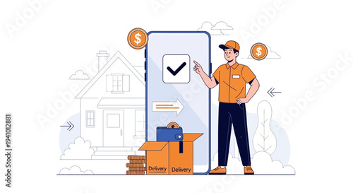Delivery service app on phone with happy courier, package, house and money