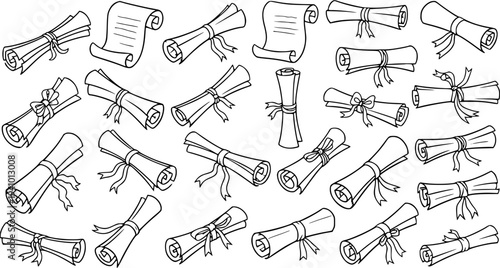 Hand-drawn black and white vector pattern of vintage scrolls, diplomas, and documents tied with ribbons, perfect for education, celebration, or official themes.