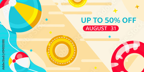 Summer sale promotion with beach balls and seasonal discount details