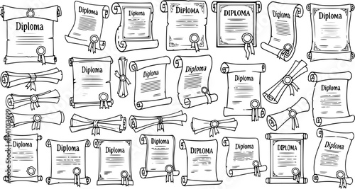 Hand-drawn outline set of diplomas, certificates, and academic scrolls with ribbons and seals, representing graduation, education, and achievement in a classic style.