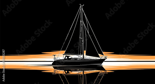 Sailboat on calm waters during vibrant orange sunset