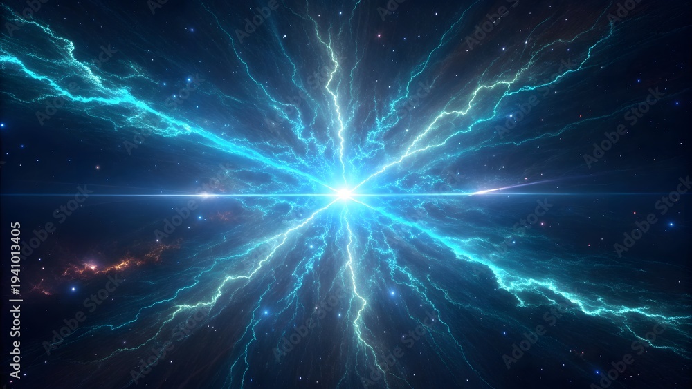 Fototapeta premium Cosmic energy burst with electric blue lightning in deep space starfield background