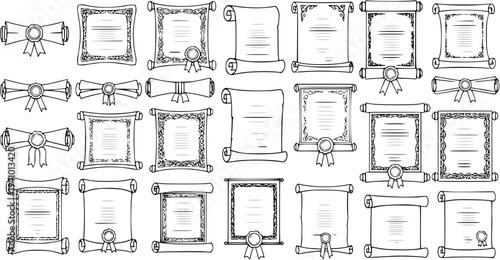 Hand-drawn vector outline set of vintage diplomas, certificates, and scrolls with ribbons and seals. Collection for awards, education, and official recognition.