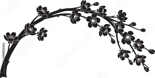 Black and white illustration of a blooming tree branch