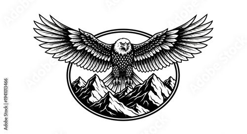 Majestic eagle soaring above rugged mountains in a powerful emblem design.