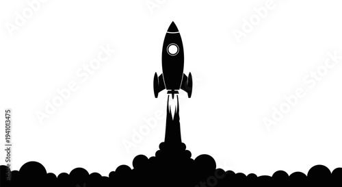 Rocket launching into the sky with smoke and flames