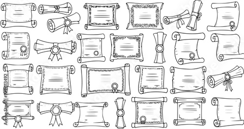 Hand-drawn collection of vintage scrolls, diplomas, and certificates. Sketchy old paper and parchment documents with ribbons and seals, perfect for historical or educational designs.
