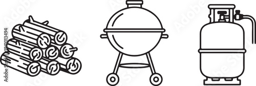 Barbecue Grill Wood Logs and Propane Tank Icons Isolated on white background