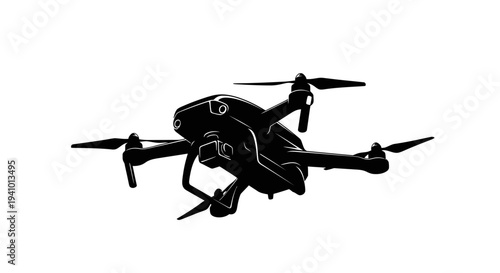 Modern drone flying through the air with propellers spinning