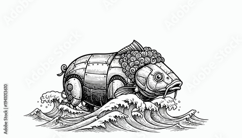Steampunk Fish Creature Riding Ocean Waves Engraving Style.