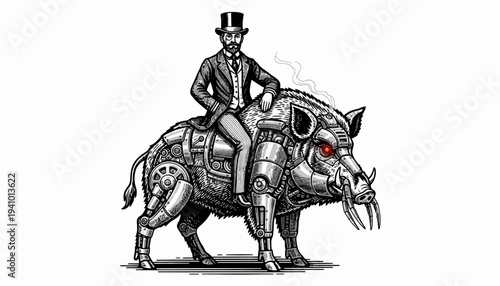 Steampunk Gentleman Riding a Mechanical Boar Illustration.