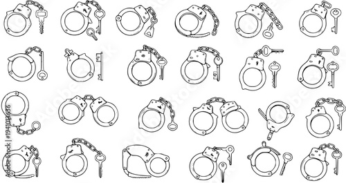 Set of Detailed Handcuffs and Keys Outline Vector Illustrations. Black and White Line Art Representing Law Enforcement, Security, Crime, and Arrest.