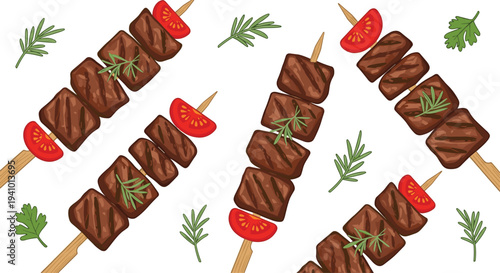 Several grilled beef kebabs with fresh tomato slices and rosemary sprigs are distributed across a white surface in a repeating pattern.