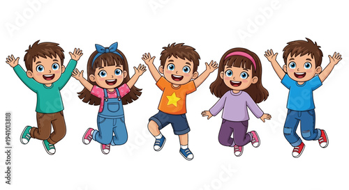 Group of five happy cartoon children jumping high together with wide smiles and raised arms,