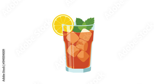 A faceted glass filled with amber iced tea and numerous ice cubes is garnished with a lemon slice and mint sprig.
