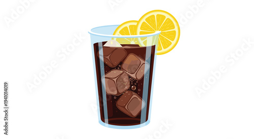 A tall glass of dark brown soda with ice cubes is garnished with two yellow lemon slices on a white background.