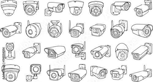 Collection of various security cameras in line art style. A detailed set of doodle icons showing different types of CCTV surveillance systems: dome, bullet, box, and PTZ cameras.
