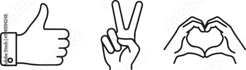 Hand Gestures Collection: Thumbs Up Peace Sign and Heart Shape Icon Vector Isolated on white background
