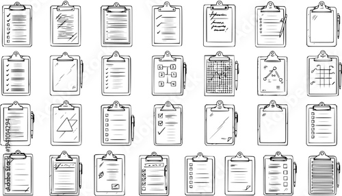Hand-Drawn Clipboards with Notes, Checklists, and Diagrams - Vector Icon Set