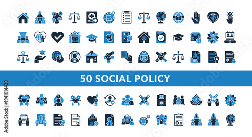 Social policy and public service icons set, healthcare education justice welfare community support government outline vector collection