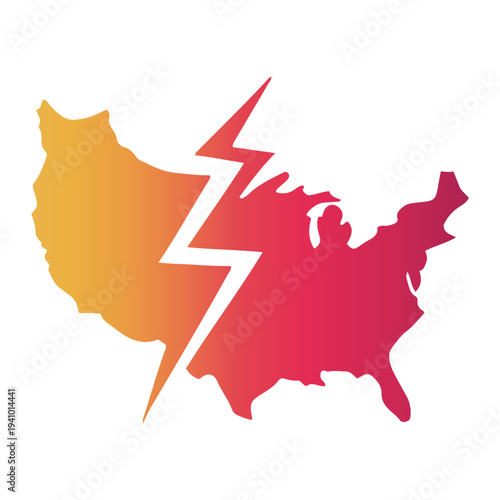 Divided United States Map with a Lightning Bolt Symbolizing Political Division and Conflict