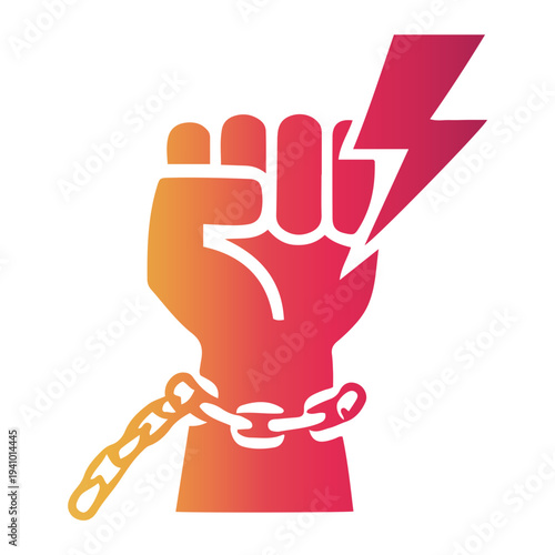 Fist breaks chain with lightning bolt symbolizing power and freedom from oppression