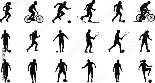 Sports player silhouettes set, running cycling skiing football tennis athlete action poses collection for fitness training vector illustration